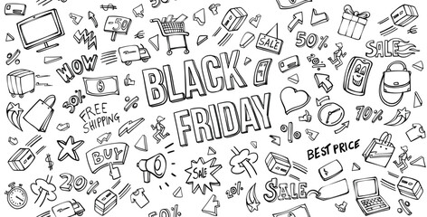 Obraz premium Black Friday elements set background .Vector Illustration doodle Style