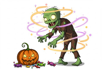 Pixel Art Zombie with Halloween Pumpkin and Candy