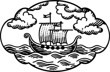 Naklejka premium Vintage ship illustration sailing vessel amidst waves and clouds in retro