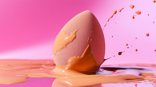 Colorful makeup sponge splashes into liquid foundation on a vibrant pink background in a creative beauty setup - Powered by Adobe