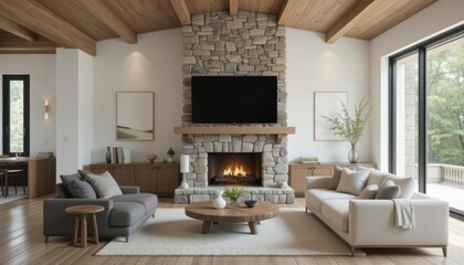  Zen Rustic Chic A Clean Calming Living Room with Natural Stone Fireplace Focus