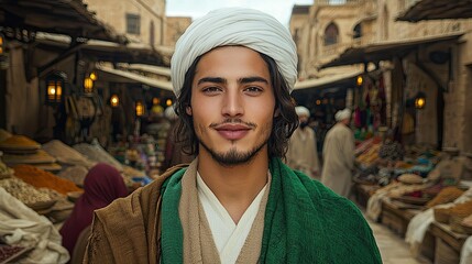 Obraz premium A Young Man in Traditional Attire at a bustling Middle Eastern Market