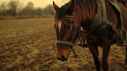 Obraz premium Majestic Brown Horse Wearing Harness in a Serene Landscape at Dusk, Symbolizing Strength and Grace in Outdoor Farming Environment
