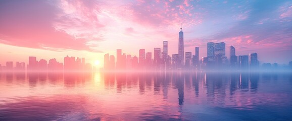 Fototapeta premium City skyline at sunrise, tranquil reflection