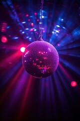 Fototapeta premium Shimmering disco ball suspended in vibrant club ambiance casting dazzling reflections and creating a festive atmosphere with dynamic light rays and energetic mood