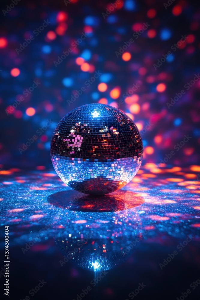Poster sparkling disco ball reflecting colorful lights on a reflective surface creating a vibrant party atm