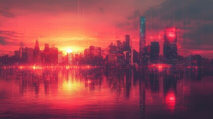 Naklejka premium Futuristic city sunrise, vibrant colors
