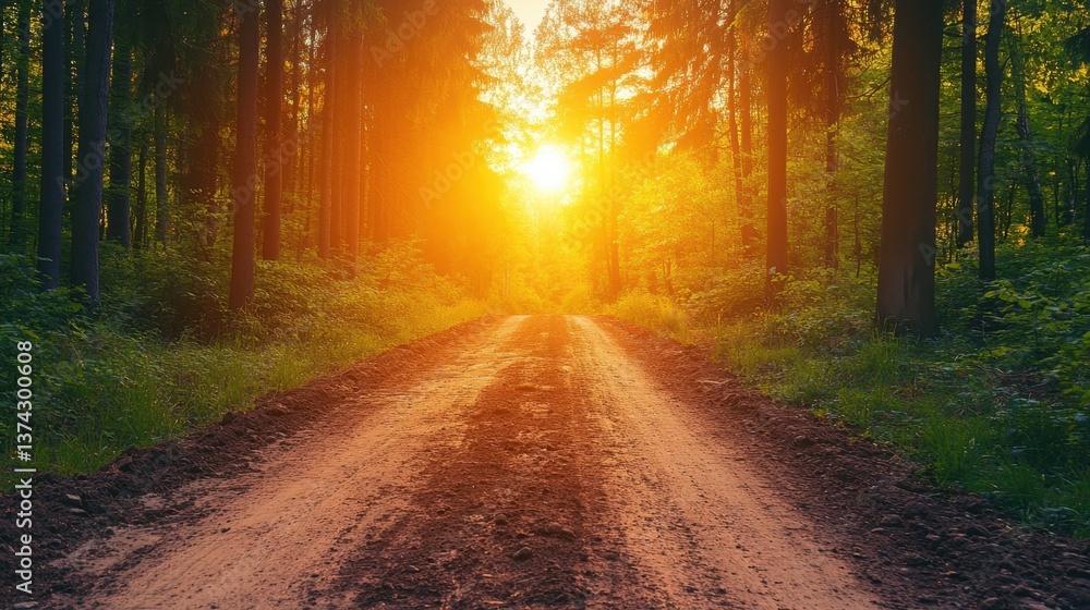 Aufkleber forest path illuminated by the golden sunlight shining through the trees creating a warm and invitin