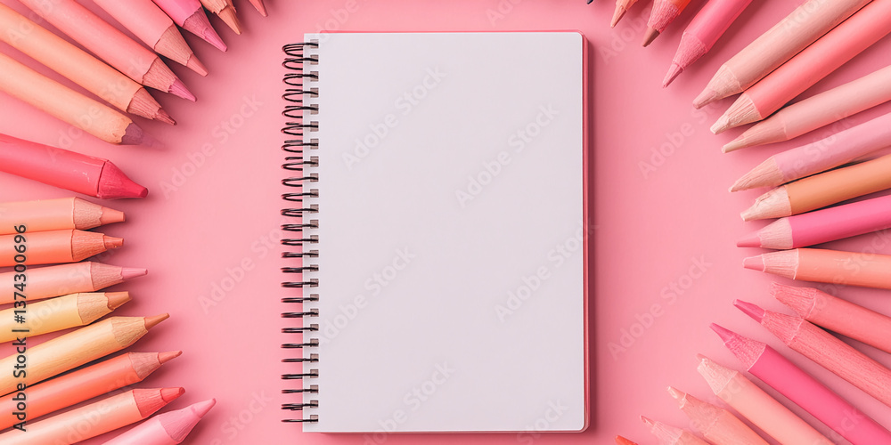 Poster blank spiral notebook surrounded by pastel pink and peach colored pencils on a pink background mocku