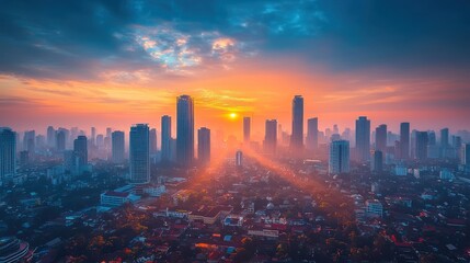 Fototapeta premium Sunrise over a bustling city