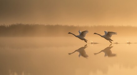 Obraz premium Swans Taking Flight Over Calm Lake During a Golden Sunrise