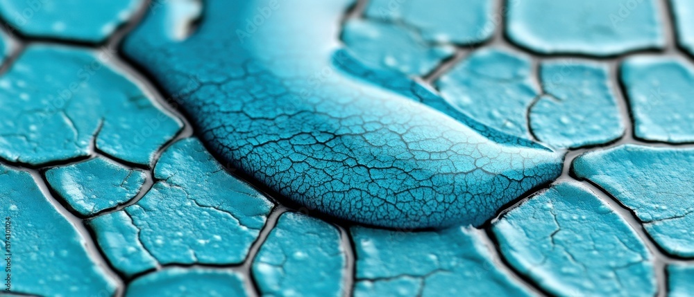 Poster captivating macro shot of a turquoise liquid drop on a cracked surface revealing intricate textures 
