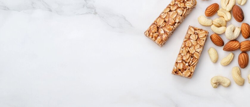 Two rectangular bars of granola on a white marble surface. the bars are made with nuts, including almonds, cashews, and hazelnuts.