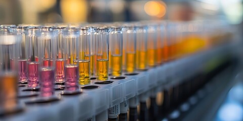 Rows of colorful test tubes aligned in metallic rack with laboratory liquid samples in yellow and pink hues under sterile lighting showing modern science equipment