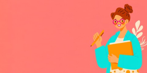 An illustration of a friendly teacher, radiating warmth, holding a notebook and pencil, ready to impart knowledge and guidance in a bright and vibrant way.