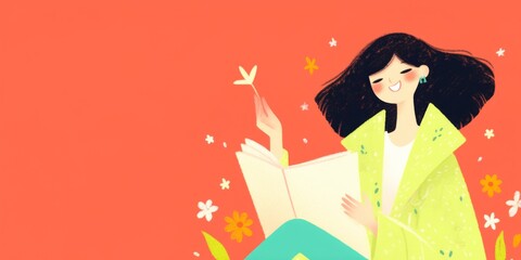A serene young woman, immersed in the world of literature, holds a flower, her face radiating contentment as she reads a book. The scene is enveloped in a calming atmosphere.