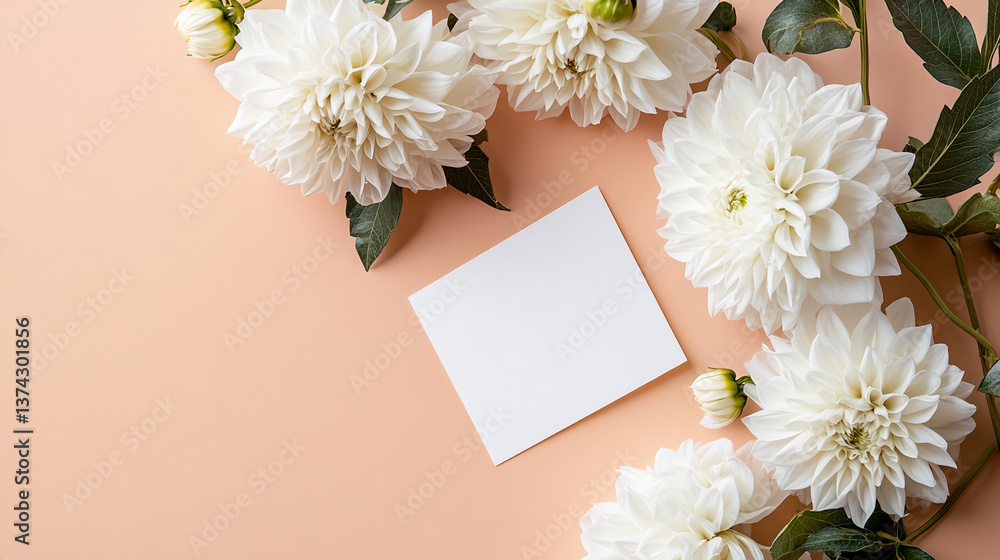 Poster peach background with white dahlias surrounding a blank card mockup, showcasing elegance and simplic