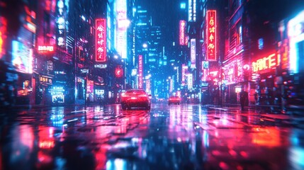 Obraz premium Neon-lit city street at night