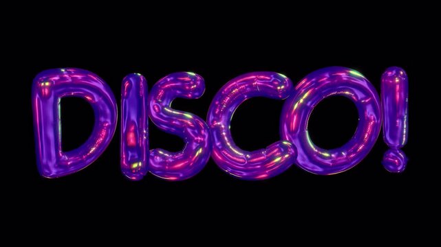 A shimmering 3D reflective disco caption in an iridescent bubble typeface style, with embedded alpha for easy drag and drop overlay.