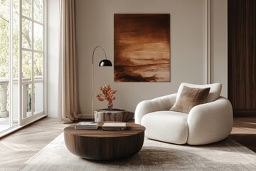 Interior design featuring a cream boucle chair and wooden coffee table with abstract art above it