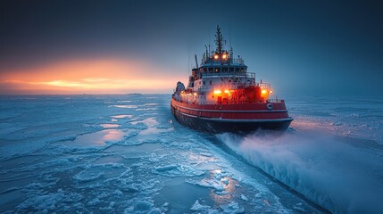Fototapeta premium Towboat navigating through icy waters at sunset