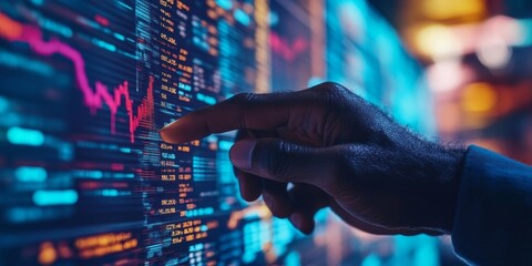 Finger pointing at a digital screen displaying financial data and stock market information charts