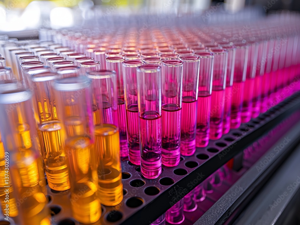 Poster colorful laboratory test tubes filled with yellow and pink liquids aligned in repeating rows creatin