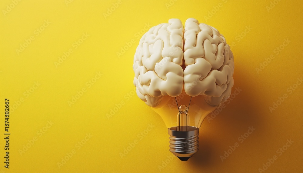 Poster yellow background with a full brain and a glowing lightbulb, representing a creative idea. rendered 