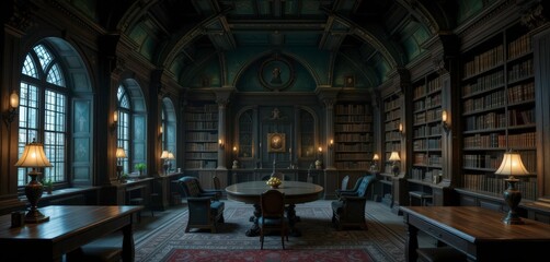  Deep Emerald Green Walls and Heavy Oak Furniture, Lit by Oil Lamps, Exuding an Air of Secrecy