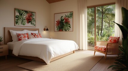 A bedroom with a white bed, a chair, and a window. The bed is covered with red pillows and a white comforter. The room has a tropical feel with a potted plant and a painting of a palm tree