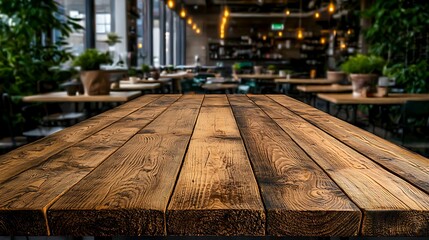 Obraz premium Rustic Wooden Table with Cafe Interior.