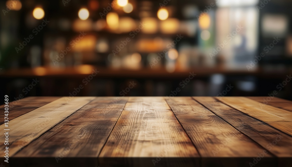 Poster empty table with wooden board in a blurred cafe setting. a abstract and rustic scene captured in a r