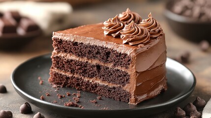 Moist chocolate cake slice with creamy frosting, served on a dark plate