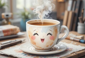  Watercolor Brew Coffee Cup with Watercolor Effect Placed on an Artist s Table, Showcasing Artistic Flair and Comfort.