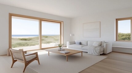 Fototapeta premium A living room with a white couch and a wooden chair. The room has a beach theme, with a view of the ocean visible through the windows