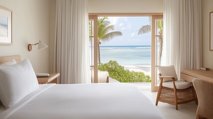 A beachfront hotel room with a large window overlooking the ocean. The room is clean and well-made, with a white bed and a wooden desk. The curtains are white, and the room has a relaxing