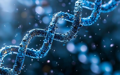 Glowing dna double helix rendered in hyperrealistic detail in electric blue tone with white light particles on dark background creating high tech genomic atmosphere