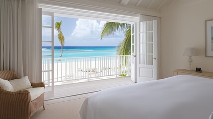 A bedroom with a large window overlooking the ocean. The room is decorated in a minimalist style with a white bed and a chair. The view of the ocean creates a calming and relaxing atmosphere