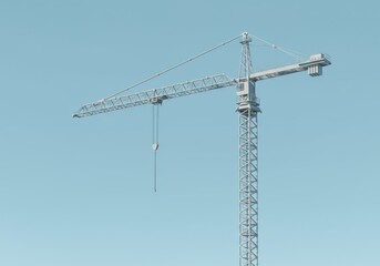 Construction crane against the blue sky. Hoisting machinery used in building construction for lifting heavy materials, an integral part of modern urban development.