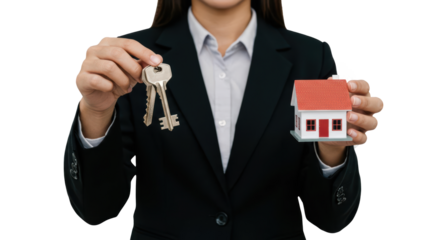 transparent background of A real estate agent holds a set of keys and a small model house, ready to represent a successful property transaction. This moment signifies the excitement of new homeowners.