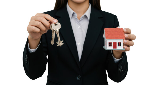 transparent background of A real estate agent holds a set of keys and a small model house, ready to represent a successful property transaction. This moment signifies the excitement of new homeowners. - Powered by Adobe