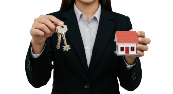 transparent background of A real estate agent holds a set of keys and a small model house, ready to represent a successful property transaction. This moment signifies the excitement of new homeowners.