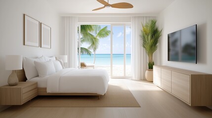 A bedroom with a large white bed and a television. The television is turned off. The room has a beach theme with a view of the ocean