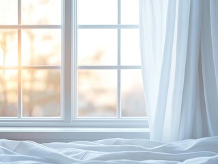 Defocused window background with white curtains in morning time