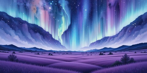  A mesmerizing watercolor depiction of the Aurora Borealis, capturing the ethereal beauty and vibrant colors of the night sky.
