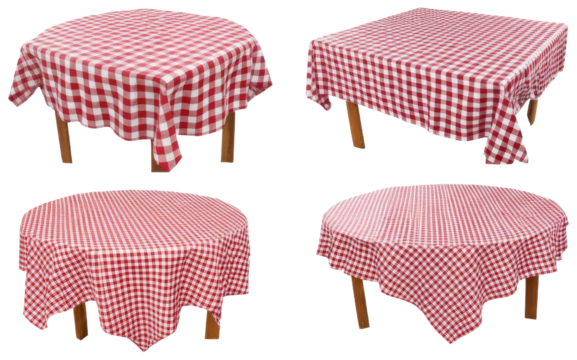 Red and white gingham tablecloth on wooden tables, transparent background png