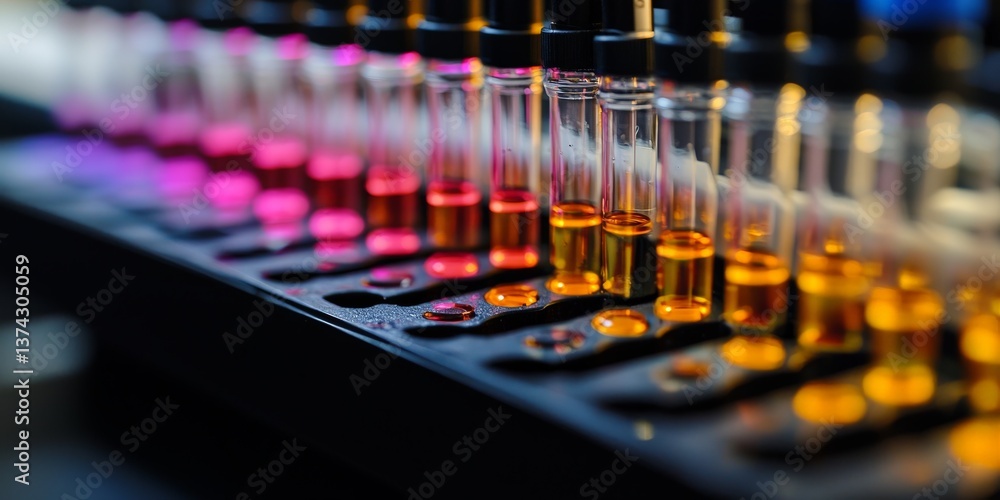 Poster high detail photograph of colorful test tubes filled with liquids arranged in parallel rows on labor
