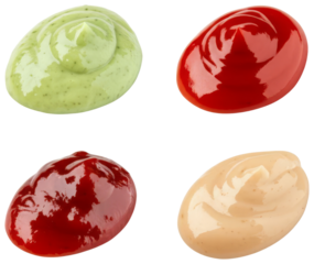 Four sauce samples various textures and colors, transparent background png
