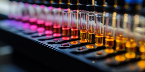 High detail photograph of colorful test tubes filled with liquids arranged in parallel rows on laboratory surface in high resolution chemistry concept image for pharmaceutical or biology use