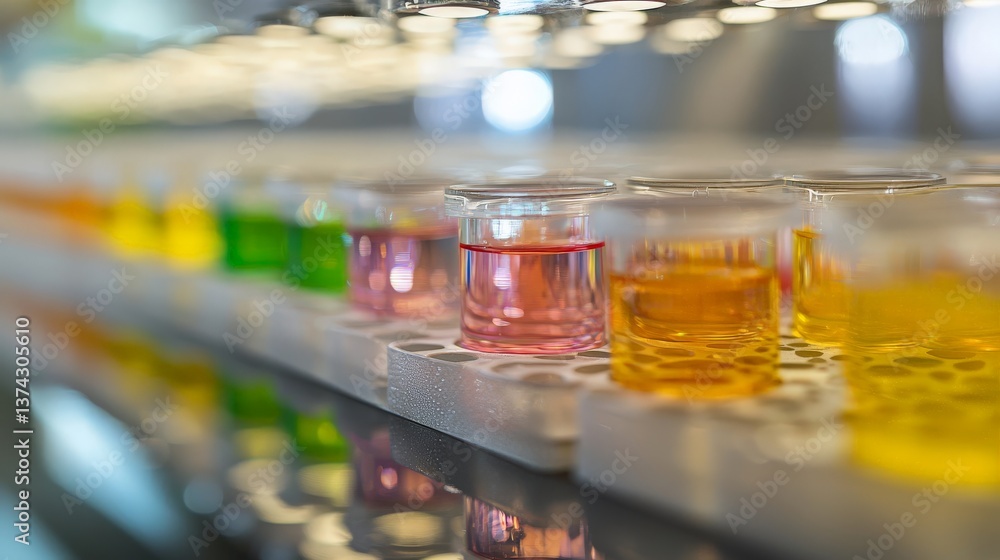 Poster closeup of laboratory shelf with various colored liquids in transparent glass containers aligned und